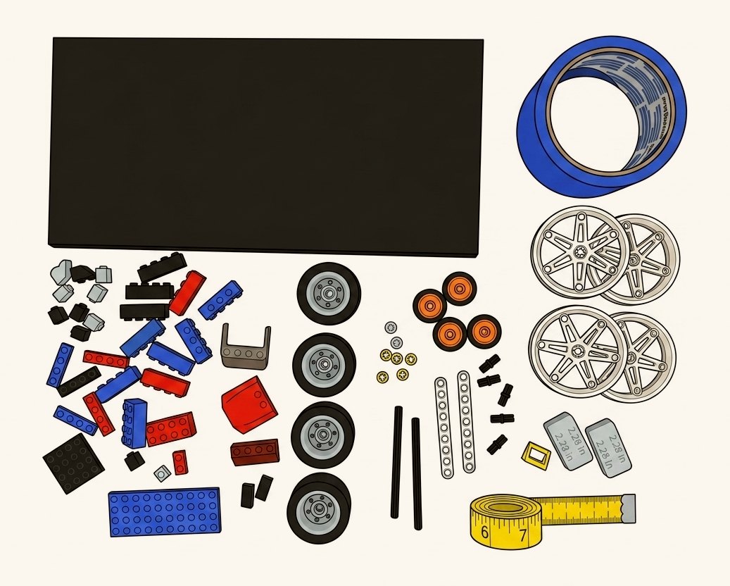 The ramp board, wheels, tape, bricks, and measuring tape from the kit, laid out in rows