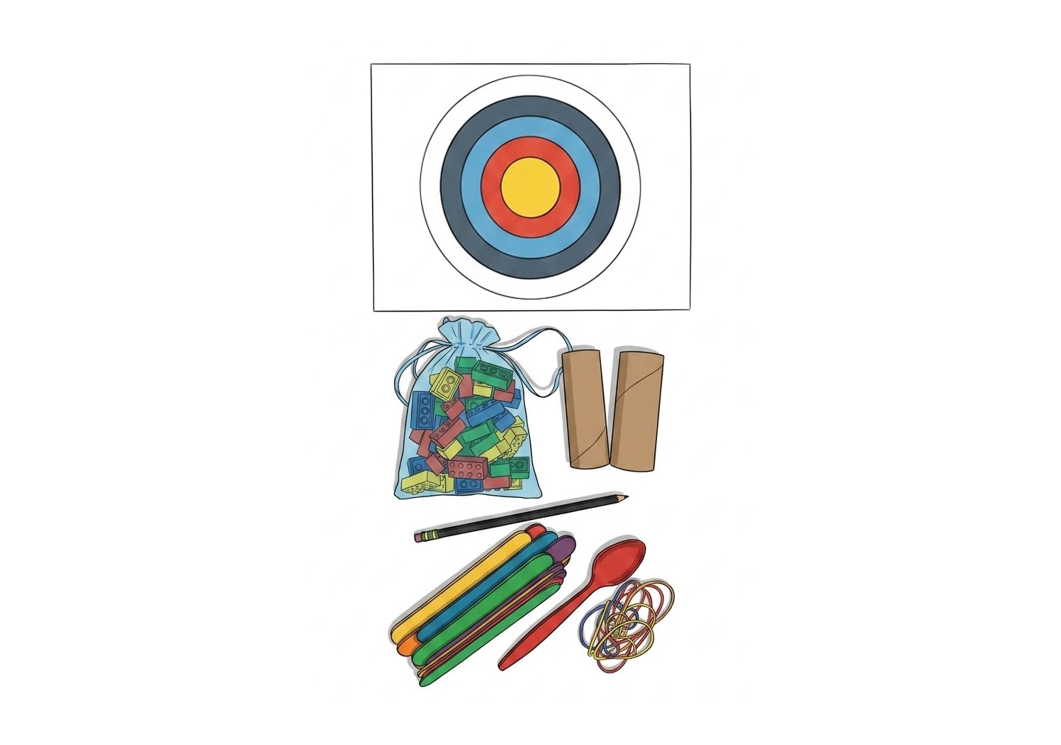 The craft sticks, rubber bands, spoon, two tubes, pencil, felt balls, bullseye, bricks, design cards and tape measure from the kit, laid out in rows